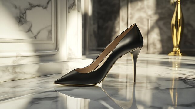 Set of sleek black stiletto heels with gold accents placed on a reflective marble floor bathed in soft lighting capturing their sophistication and sleek design in a luxury boutique setting