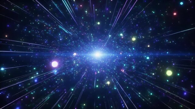 Cosmic explosion with vibrant lines and dots radiating from a bright light source in space, with a dark background