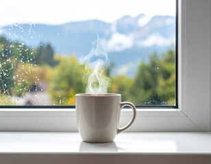 Steaming Coffee Cup on a Windowsill with a Mountain View