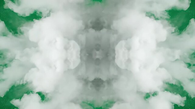 Abstract symmetric cloud pattern on green background creating a kaleidoscopic visual effect for artistic design elements and backgrounds