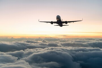 Obraz premium Airplane soaring through vibrant sunset above fluffy white clouds