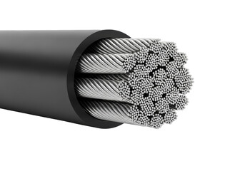 Extreme macro of stripped industrial electrical cable (matte black insulation) showing dense twisted tinned copper filaments, high-key white background, technical precision concept