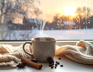 Steaming Coffee Cup with Spices by a Snowy Window at Sunrise