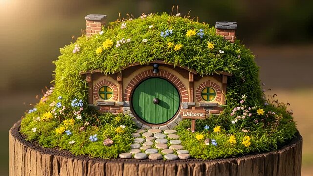Whimsical miniature hobbit house with green door and vibrant garden