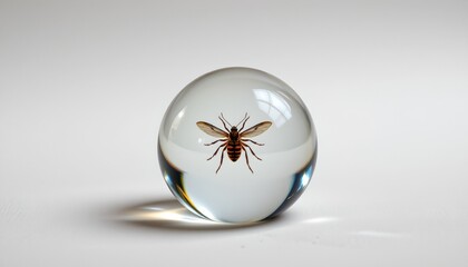 A transparent globe containing a bee on a table against a white background.