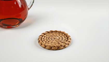 A coaster with intricate designs placed atop a bottle of liquid with a cinnamon stick beside it