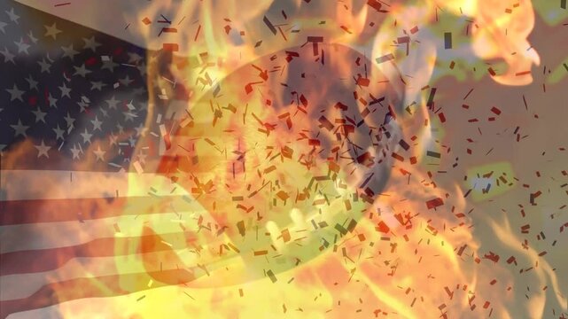 Animation of waving usa flag and flames over american football ball