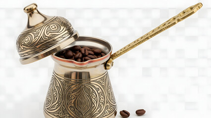 An ornate metallic coffee pot filled with roasted beans sits open on a checkered background with a few scattered beans nearby