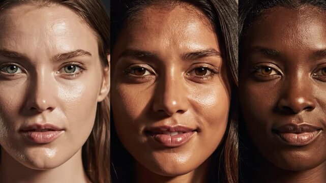 Triptych portrait of diverse womens faces showing skin tone variations