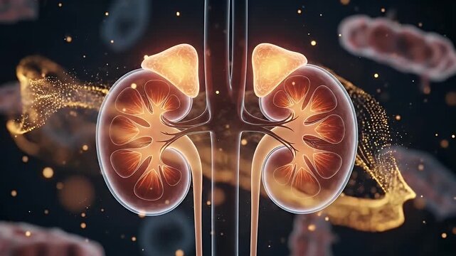 Detailed 3D Illustration of Human Kidneys with Adrenal Glands and Abstract Background Highlighting Renal Anatomy in Vivid Colors