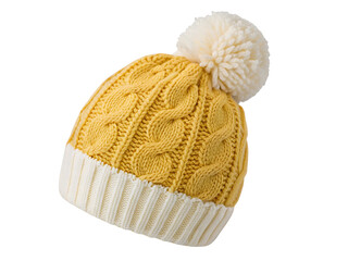 Vibrant yellow knit beanie with white pom pom and ribbed cuff