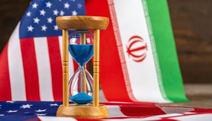 Hourglass with blue sand between US and Iran flags on wooden surface, symbolizing time-sensitive diplomacy.