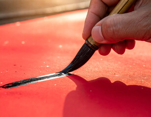 Close-up of a hand painting a line with a brush on red surface