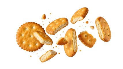Crunchy Crackers Floating in Air on Black Background