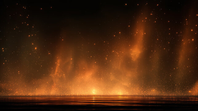 Cinematic golden light rising through darkness with floating dust particles and soft fog, elegant volumetric glow background for awards and presentations