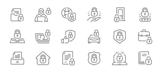 Lock unlock linear icons set. Cybersecurity, protection, privacy, safety signs and symbols