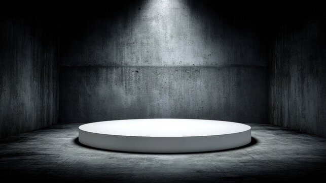 A stark, minimalist scene featuring a circular white platform set against rough concrete walls, illuminated by a single overhead spotlight creating dramatic shadows.