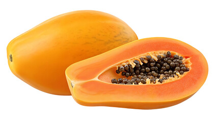 Fresh papaya fruit and cut papaya with seeds