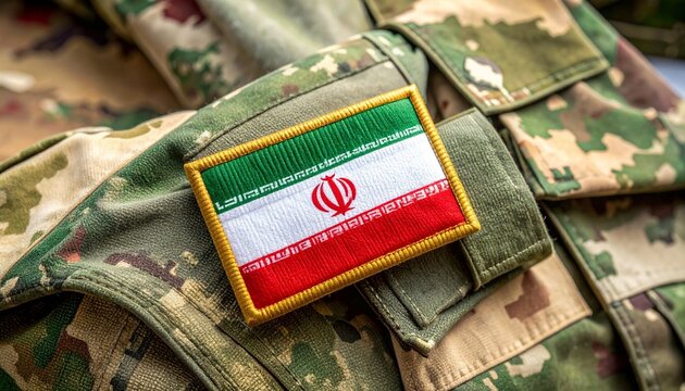 Close-up of Iranian flag patch on camouflage military uniform sleeve, symbolizing national defense and identity.