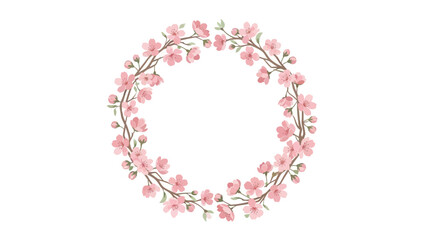 Blooming Cherry Blossom Wreath on White Background