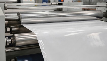 Medium shot of highpressure rollers evenly smoothing glossy fabric surfaces in a rolltoroll calendering process for a shiny polished finish.