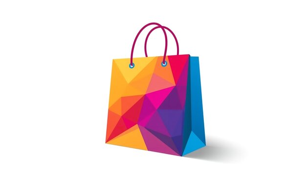 A colorful geometric shopping bag with red handles on a white background