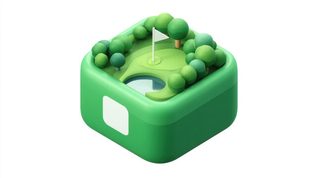 Creative green cube-shaped miniature golf course with a putting hole and trees. The image represents playful design, mini golf, creative sports concepts, gamification, and modern 3D illustration style