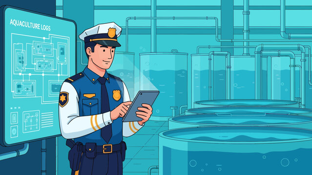 Security Guard Holding Tablet in Uniform.