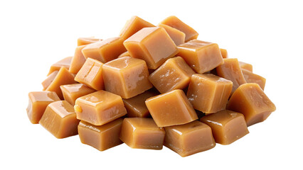Pile of smooth caramel candy cubes on transparent background