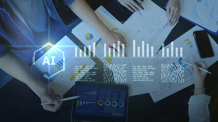 Artificial intelligence AI finance stock market data analysis machine learning. Business big data analytics, digital transformation technology, smart computer system, and futuristic network innovation