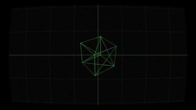 reen Wireframe Cube Rotation on Curved Monitor Screen with Grid