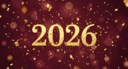 Golden 2026 numerals with sparkling confetti on red bokeh background. New year celebration graphic design. Festive holiday element for invitations banners and digital media. Future year countdown