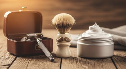Vintage shaving kit with straight razor brush and cream on wooden surface. Classic mens grooming essentials in retro style. Timeless barber accessories for daily personal hygiene routine.