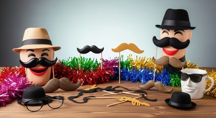 Assortment of mustache props and hats on wooden table. Fun photo booth accessories with colorful garlands and sunglasses. Creative party disguise items for festive celebrations and events.