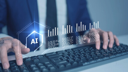 Artificial intelligence AI finance stock market data analysis machine learning. Business big data analytics, digital transformation technology, smart computer system, and futuristic network innovation