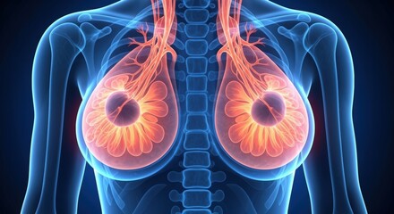 3D medical illustration of womans upper body anatomy highlighting breast structure and lymphatic vessels. Detailed visualization of female thoracic region with internal organs. Educational tool for