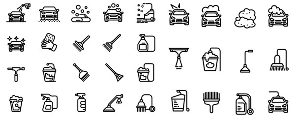 Car washing service icons set. cleaning auto thin line pictogram, outline symbols collection