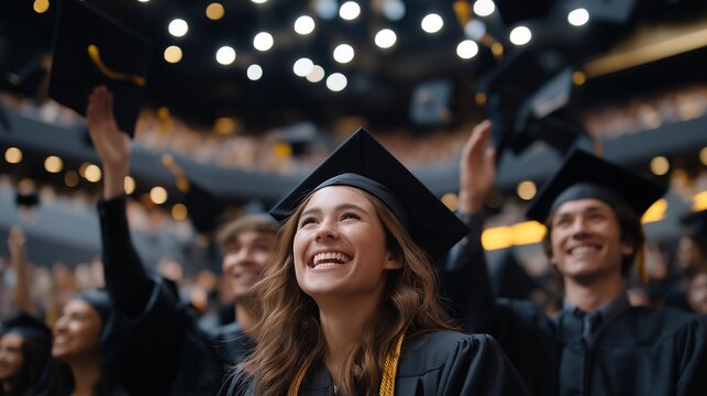 Surrounded by classmates and loved ones, relieved graduates reach the final moment and toss caps into the air, expressing happiness, relief, and future aspirations. cinematic color correction,