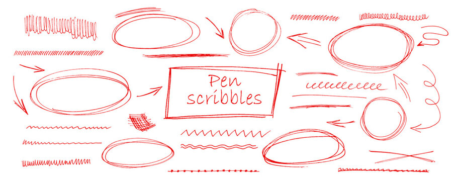 Round circle underline group created with hand drawn red pen forming doodle arrow strokes and frame in vector set kit bundle designed to highlight text using expressive scribble oval lines.
