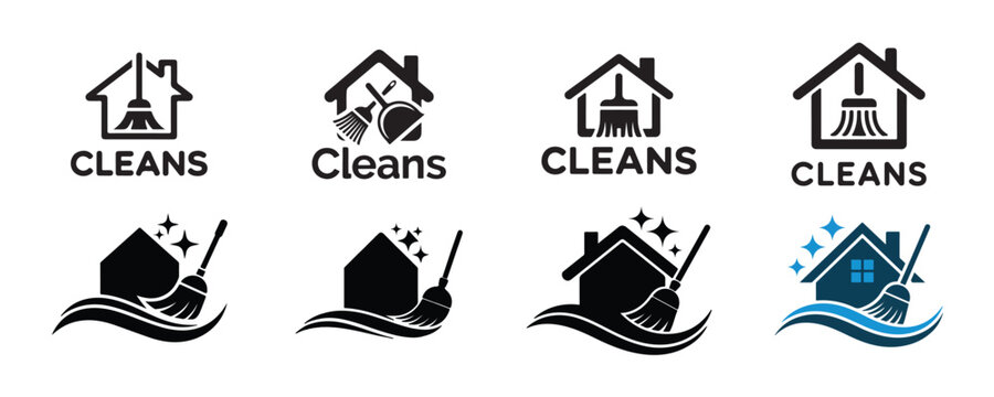 Set of house cleaning logos with stylized home icons cleaning tools and decorative waves illustration