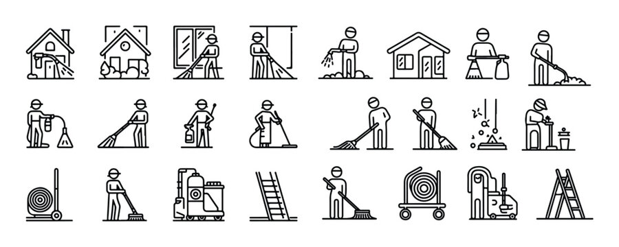 Outline icons showing people performing various house and commercial cleaning tasks diligently