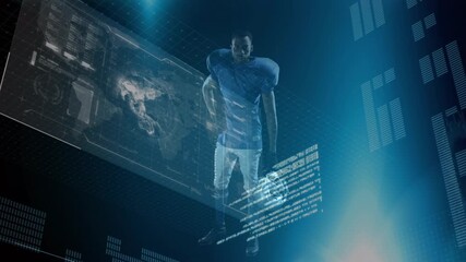Animation of data processing and world map over african american male american football player - Powered by Adobe