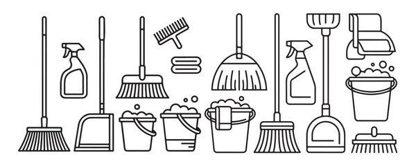 Thin line cleaning equipment icons set with mop bucket spray and brushes for housekeeping art © MDABDUR