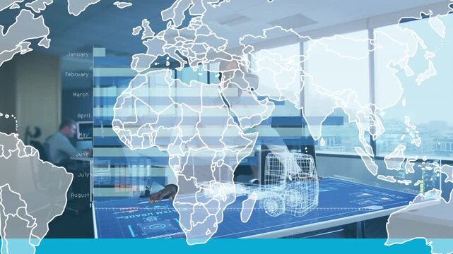 Animation of graphs and word map over caucasian man in vr headset in office