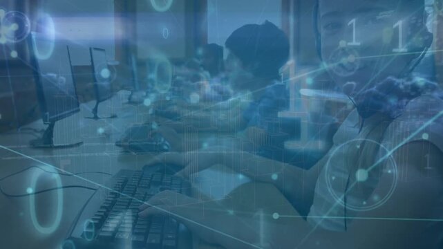 Animation of connections and binary code over happy caucasian boy with computer at school