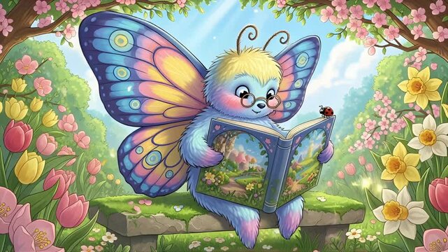 Whimsical butterfly creature reading book in vibrant spring garden