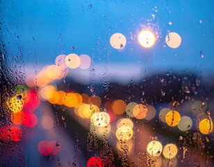 Blurred City Lights on a Rainy Evening with Bokeh Effect