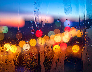 Shimmering city lights reflected on a wet window at night