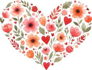 Heart shaped floral pattern with colorful flowers and leaves