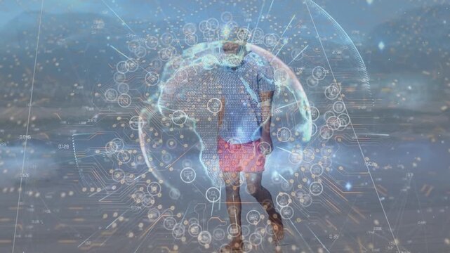 Animation of spinning globe with data processing, blue rays against african man walking at beach